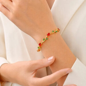 Zarnish Tulip Bracelet with red and green stones in gold-tone finish